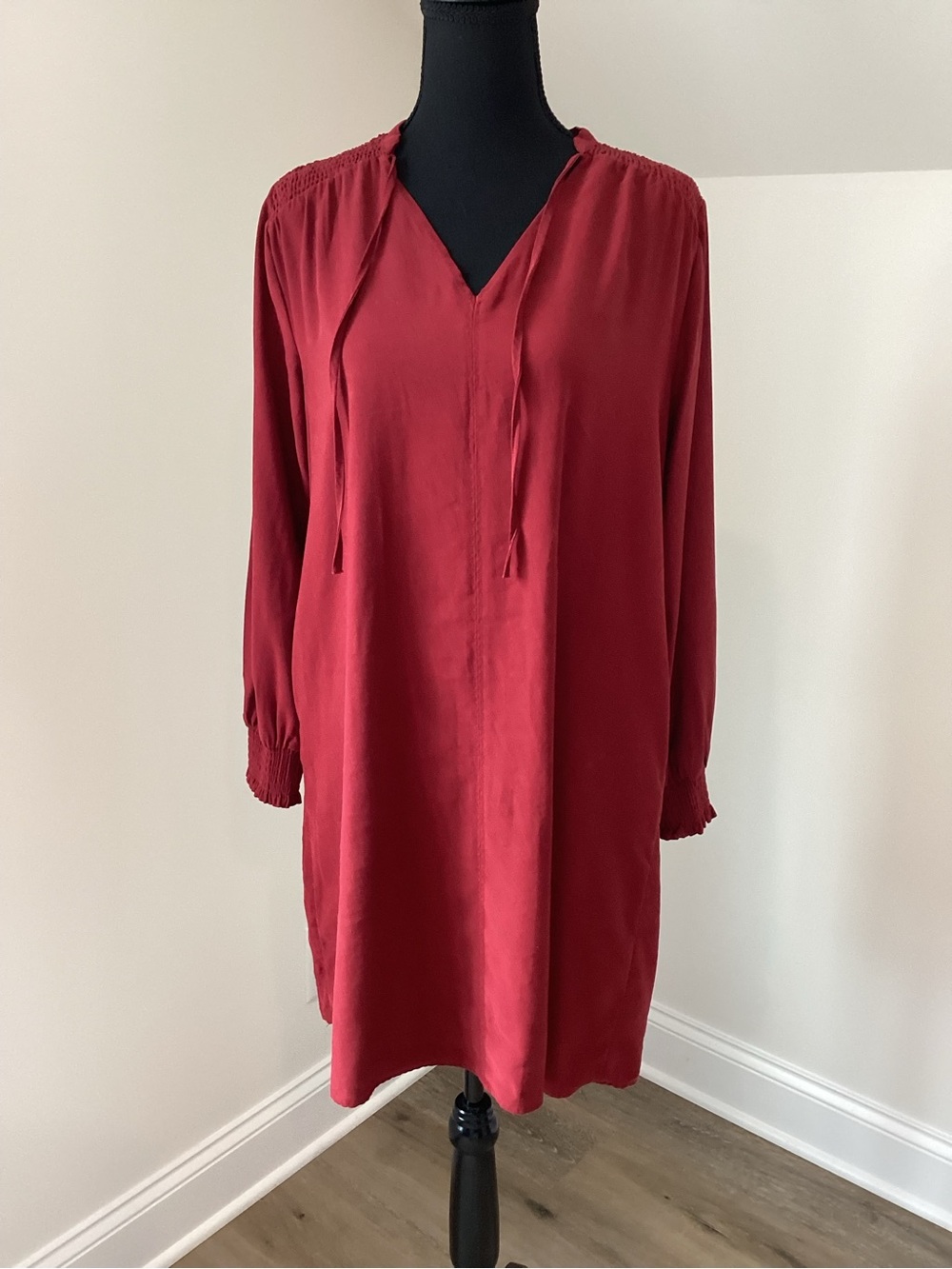 Boho Minimalist Sueded Red Shift Dress Smocked Romantic‎ Medium
